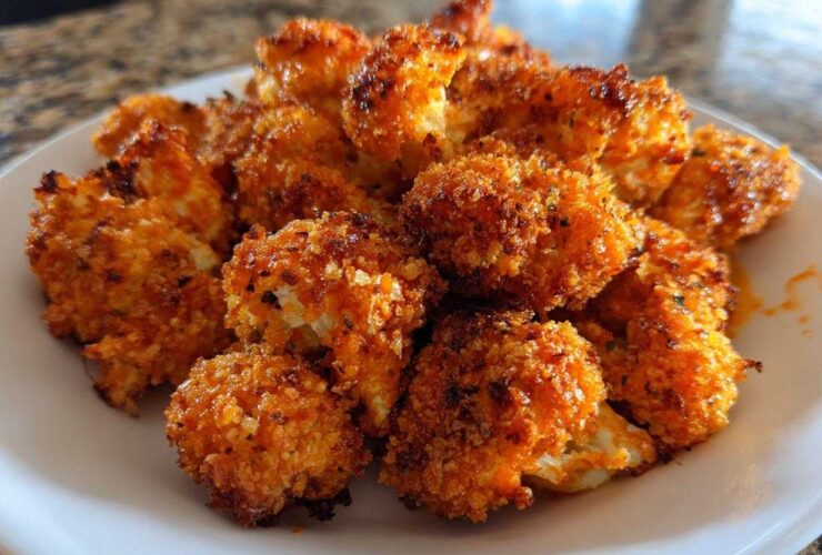 A close-up of golden-brown, crispy air fryer cauliflower wings coated in a spicy breading, served on a white plate.