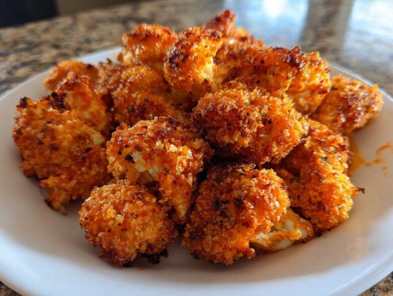 A close-up of golden-brown, crispy air fryer cauliflower wings coated in a spicy breading, served on a white plate.