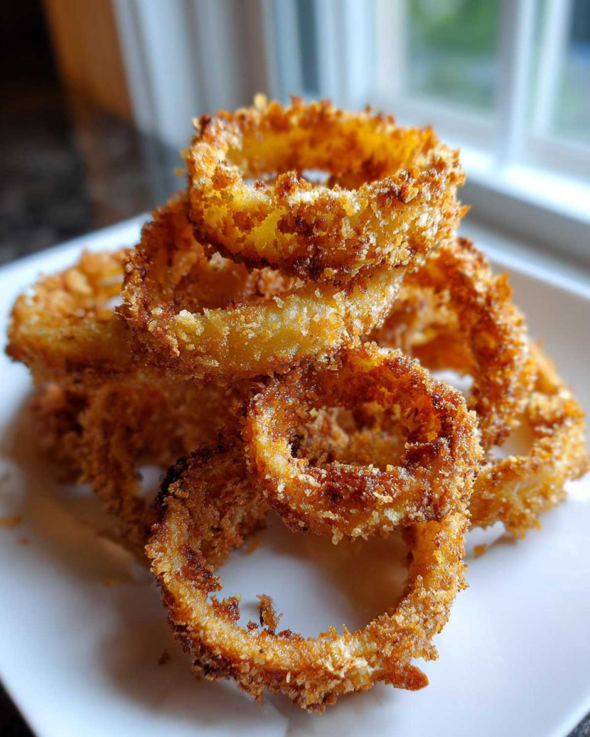A close-up stack of golden brown, crispy Air Fryer Onion Rings piled high on a white plate.
