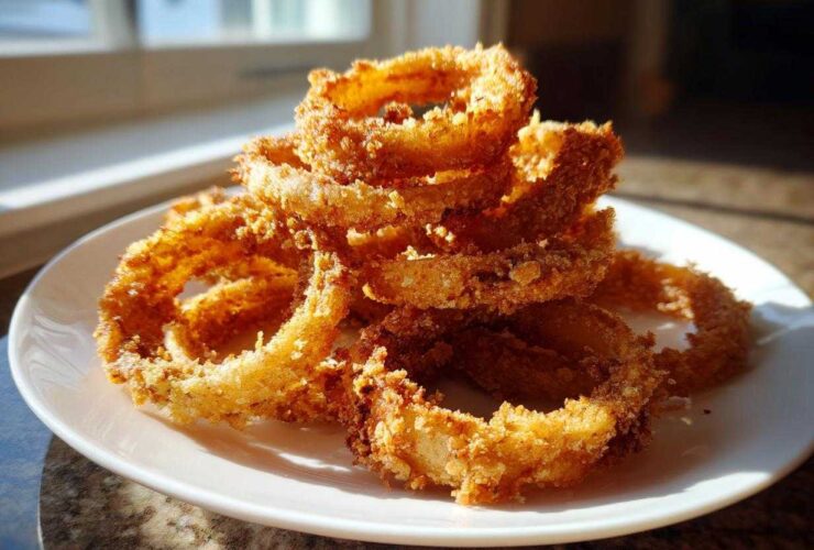 A stack of golden brown, crispy Air Fryer Onion Rings piled high on a white plate.