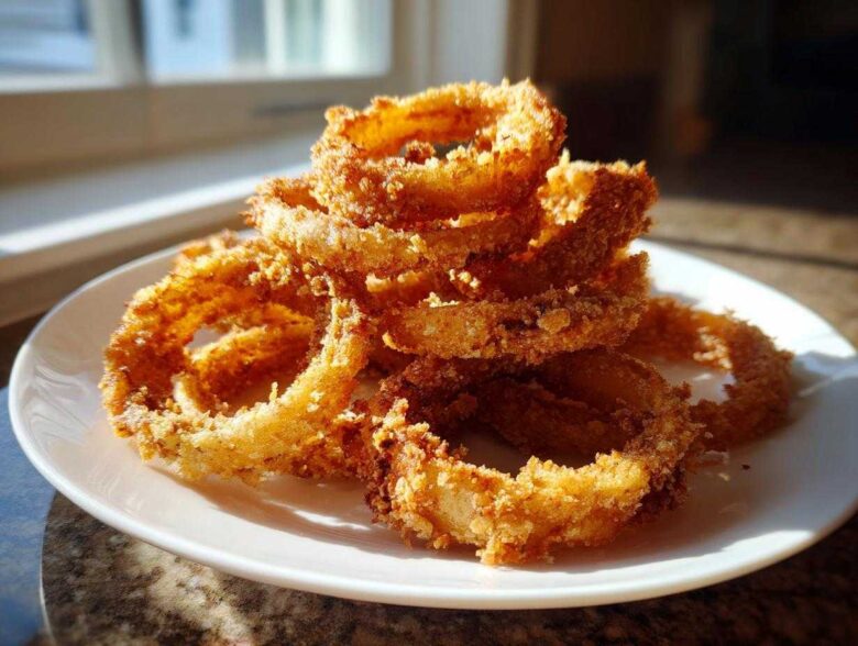 A stack of golden brown, crispy Air Fryer Onion Rings piled high on a white plate.