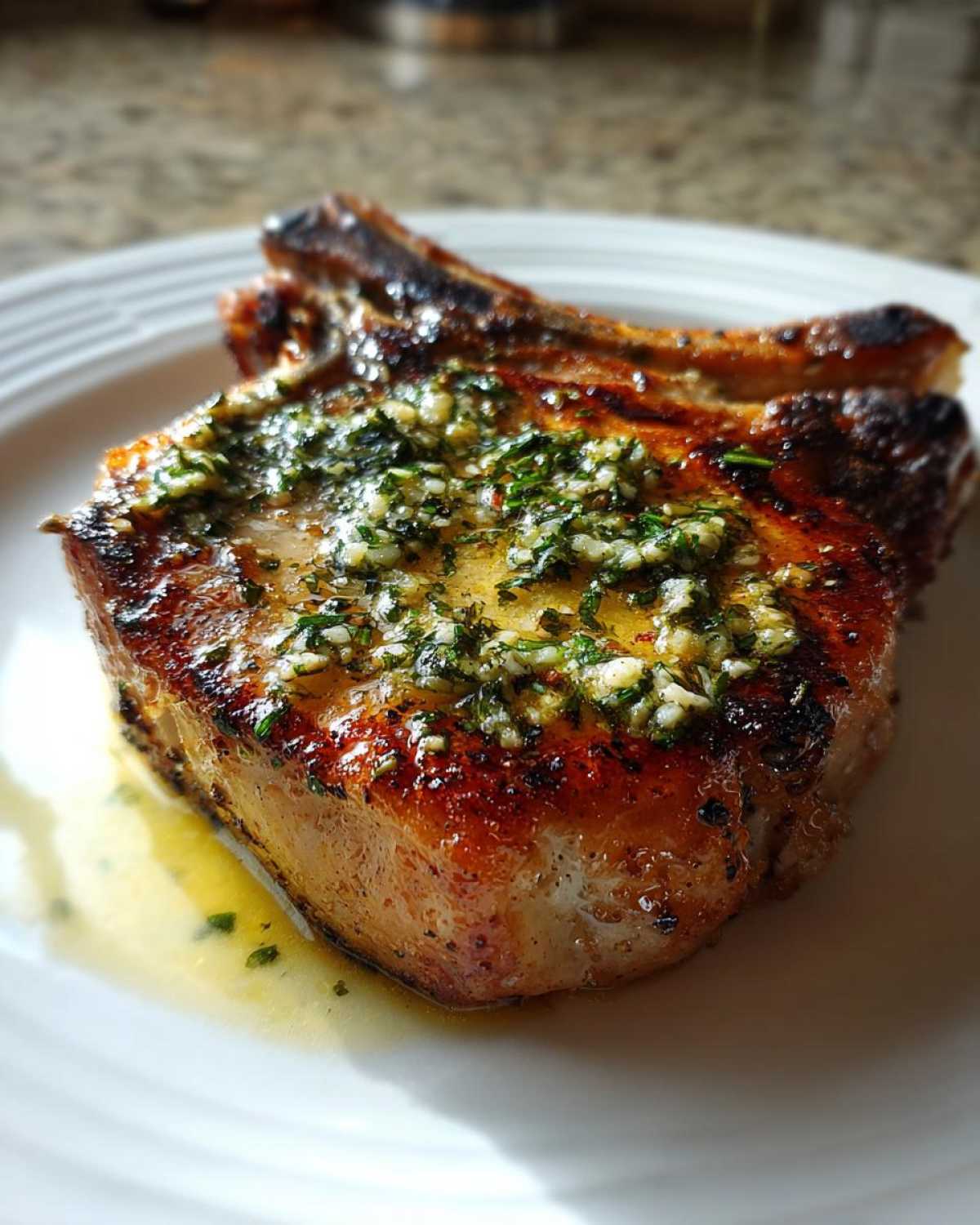 A close-up of a thick, crispy air fryer pork chop topped generously with melted garlic butter and herbs.