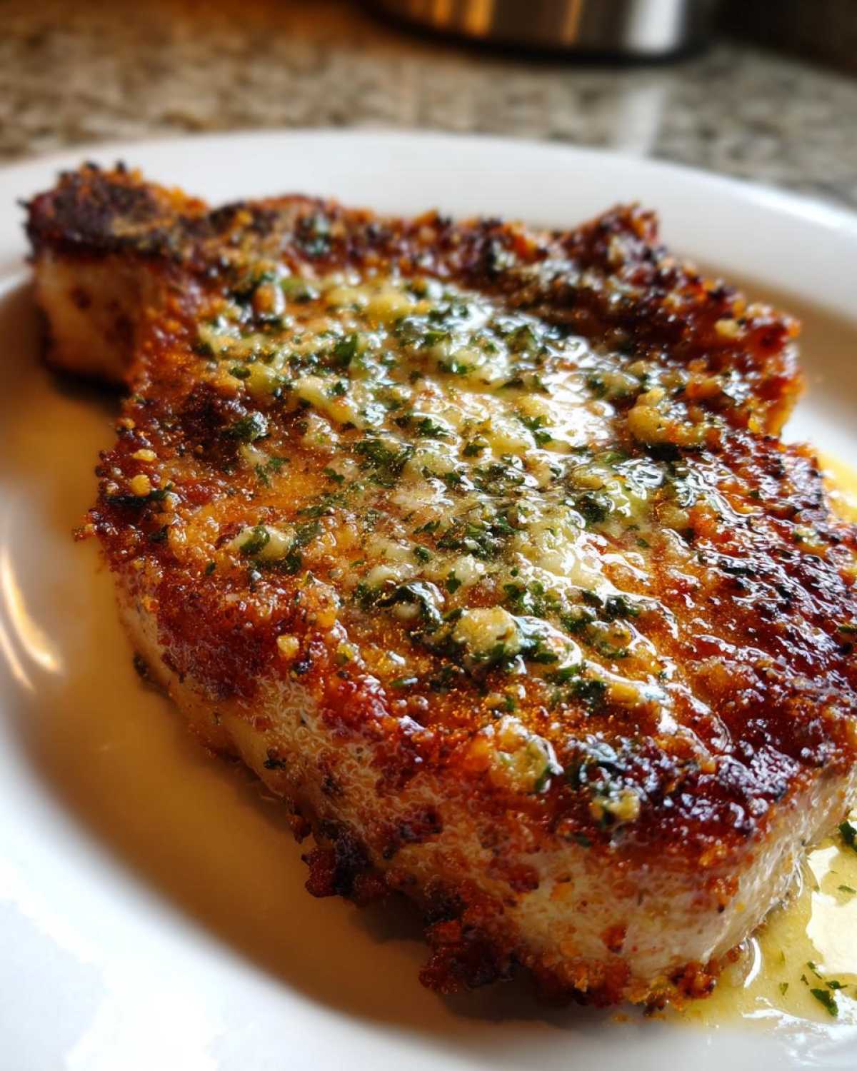 A close-up of a perfectly cooked, crispy air fryer pork chop topped with melted garlic butter and fresh parsley.