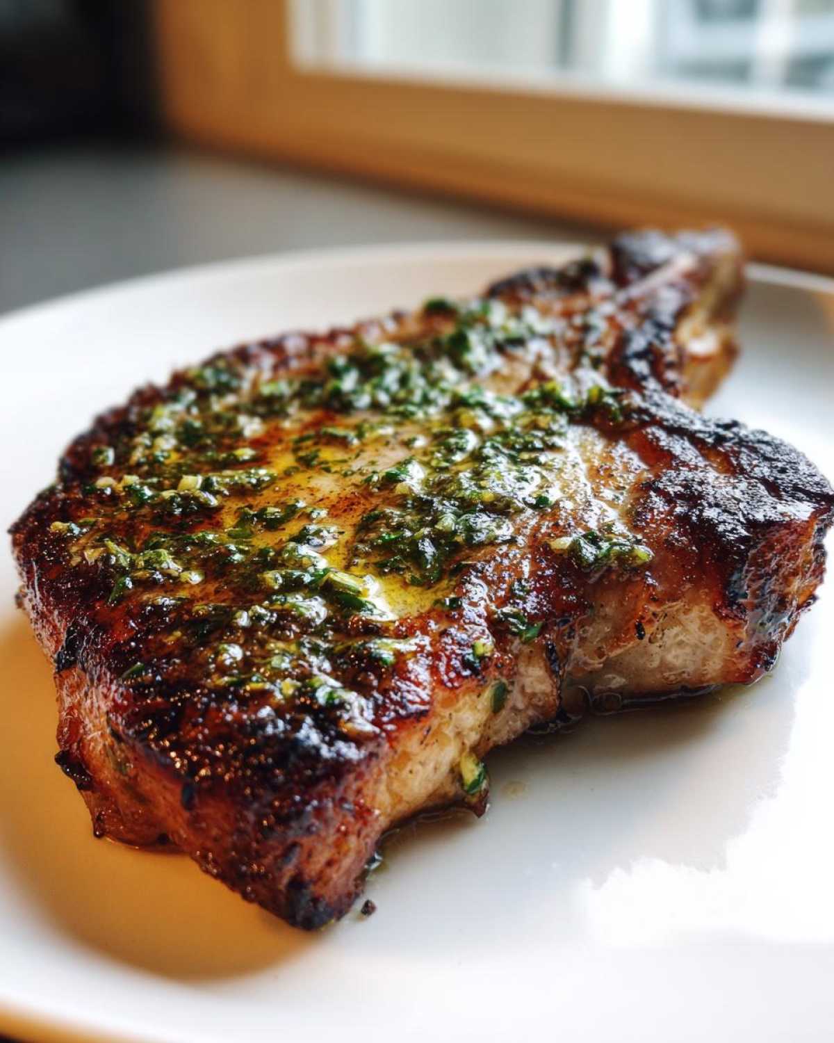 Close-up of a perfectly cooked, crispy air fryer pork chop topped with melted garlic butter and herbs.