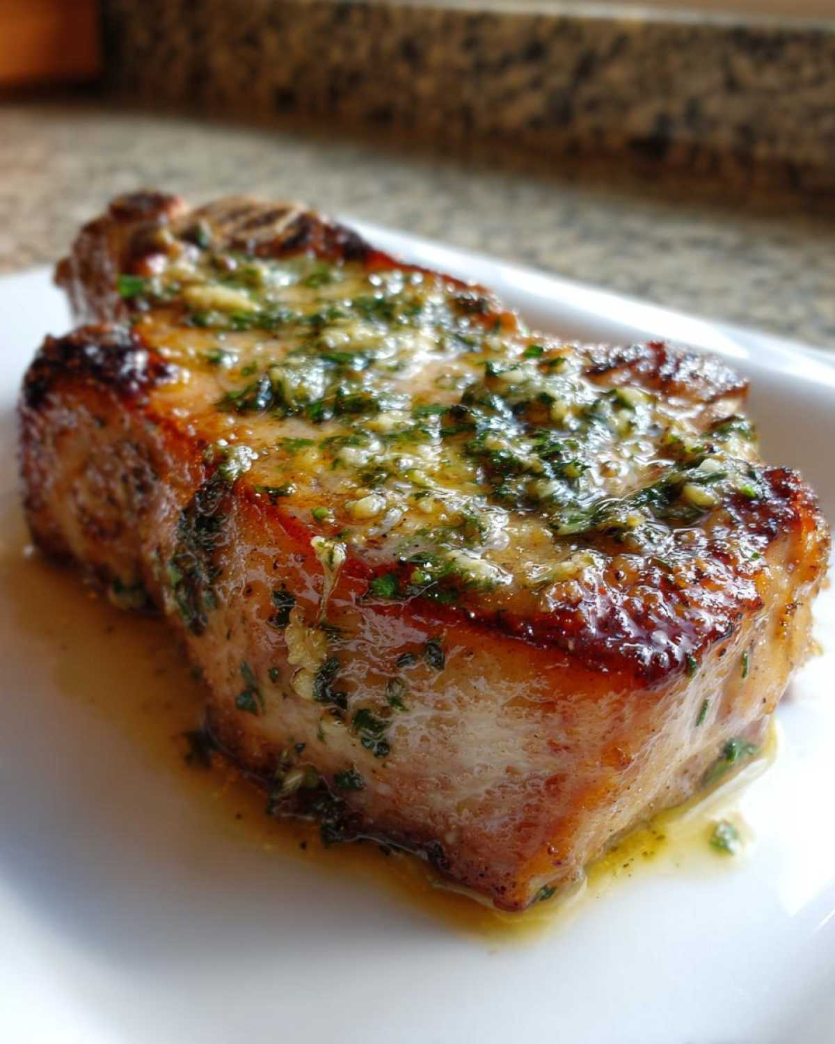 Close-up of a thick, juicy Crispy Air Fryer Pork Chop smothered in melted garlic butter and herbs.