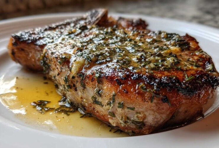Close-up of a juicy, crispy air fryer pork chop topped with melted garlic butter and herbs.