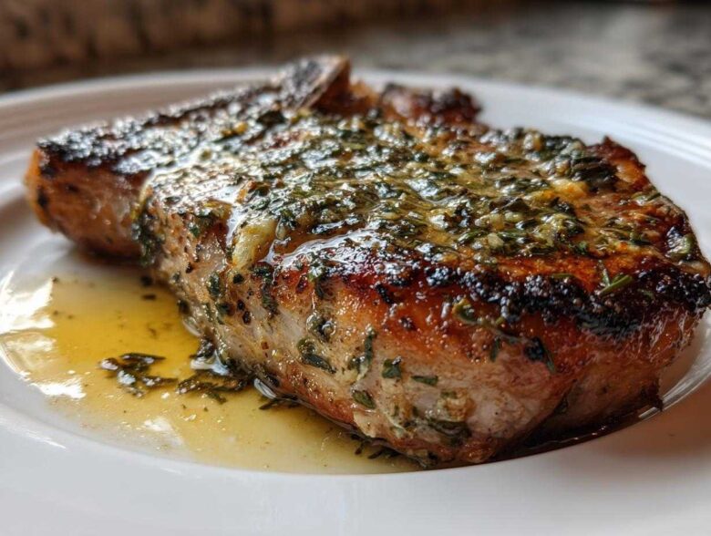 Close-up of a juicy, crispy air fryer pork chop topped with melted garlic butter and herbs.