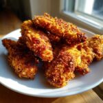 A pile of golden brown Crispy Baked Chicken Tenders with Cornflake Crust on a white plate.