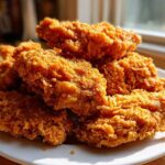 A pile of golden brown, crispy baked chicken tenders featuring a visible cornflake crust, served on a white plate.