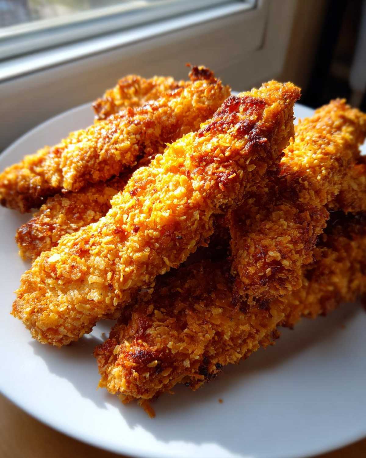 A pile of golden brown, crispy baked chicken tenders with cornflake crust on a white plate.