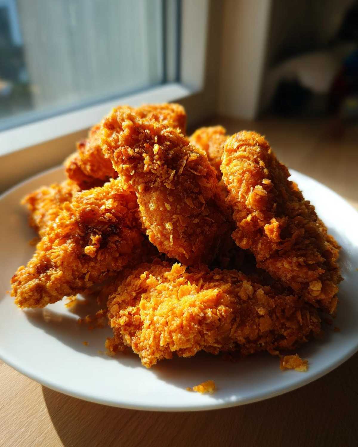 A pile of golden brown, very crispy baked chicken tenders with cornflake crust on a white plate.