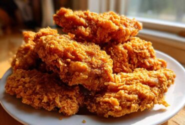 A pile of golden brown, crispy baked chicken tenders featuring a visible cornflake crust, served on a white plate.