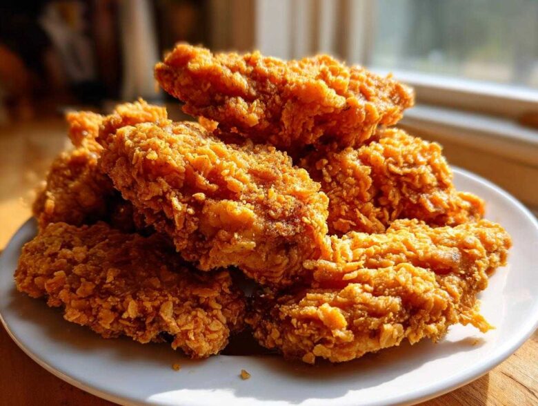 A pile of golden brown, crispy baked chicken tenders featuring a visible cornflake crust, served on a white plate.