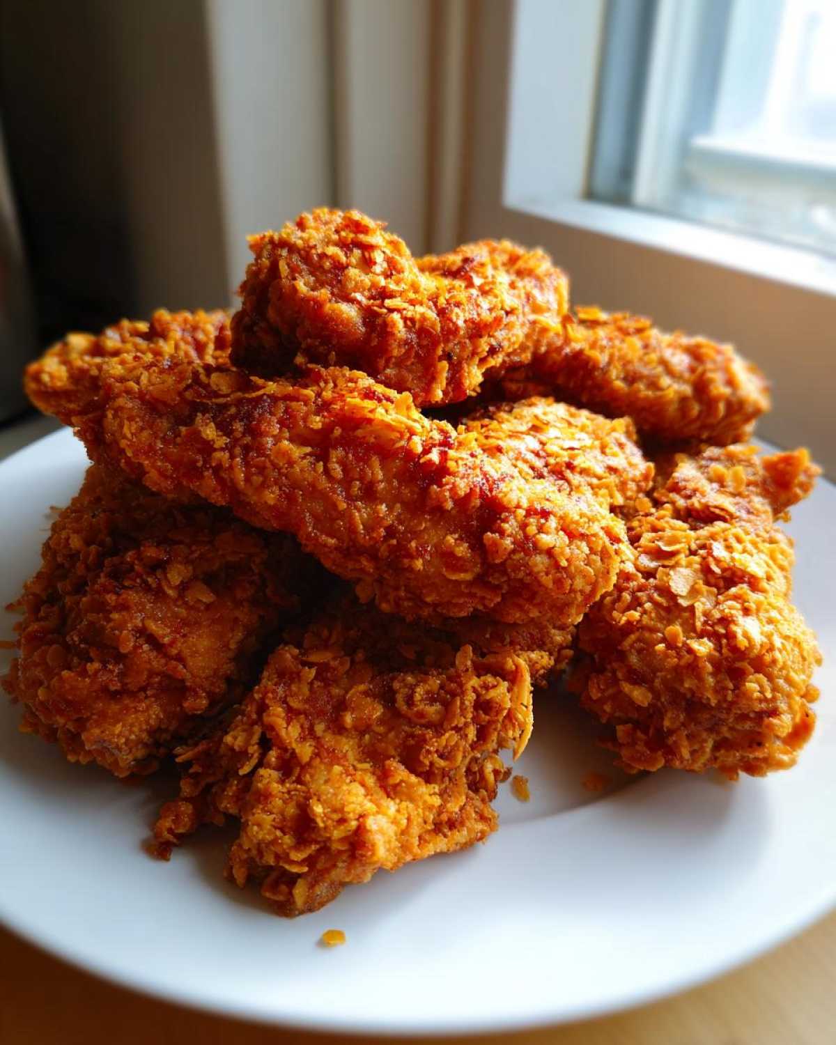 A pile of golden brown, extra crispy baked chicken tenders with cornflake crust stacked on a white plate.