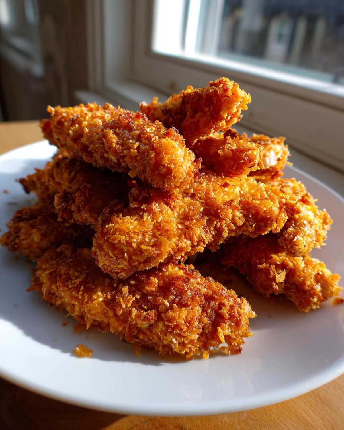A pile of golden brown, crispy baked chicken tenders with cornflake crust stacked on a white plate.