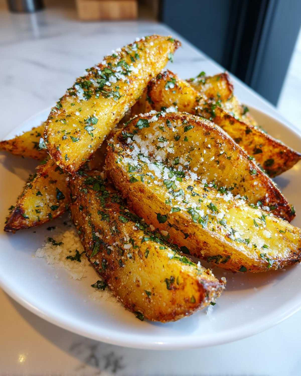 A close-up of golden brown Crispy Baked Garlic Parmesan Potato Wedges topped with grated cheese and parsley.