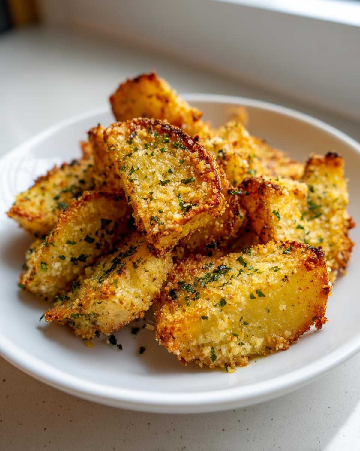 A close-up of golden brown Crispy Baked Garlic Parmesan Potato Wedges seasoned with parsley in a white bowl.