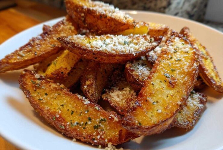 A close-up of golden brown Crispy Baked Garlic Parmesan Potato Wedges piled high on a white plate, dusted with cheese.