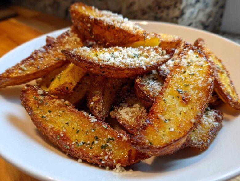 A close-up of golden brown Crispy Baked Garlic Parmesan Potato Wedges piled high on a white plate, dusted with cheese.
