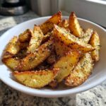 A white bowl filled with golden brown, crispy baked garlic parmesan potato wedges seasoned with herbs.