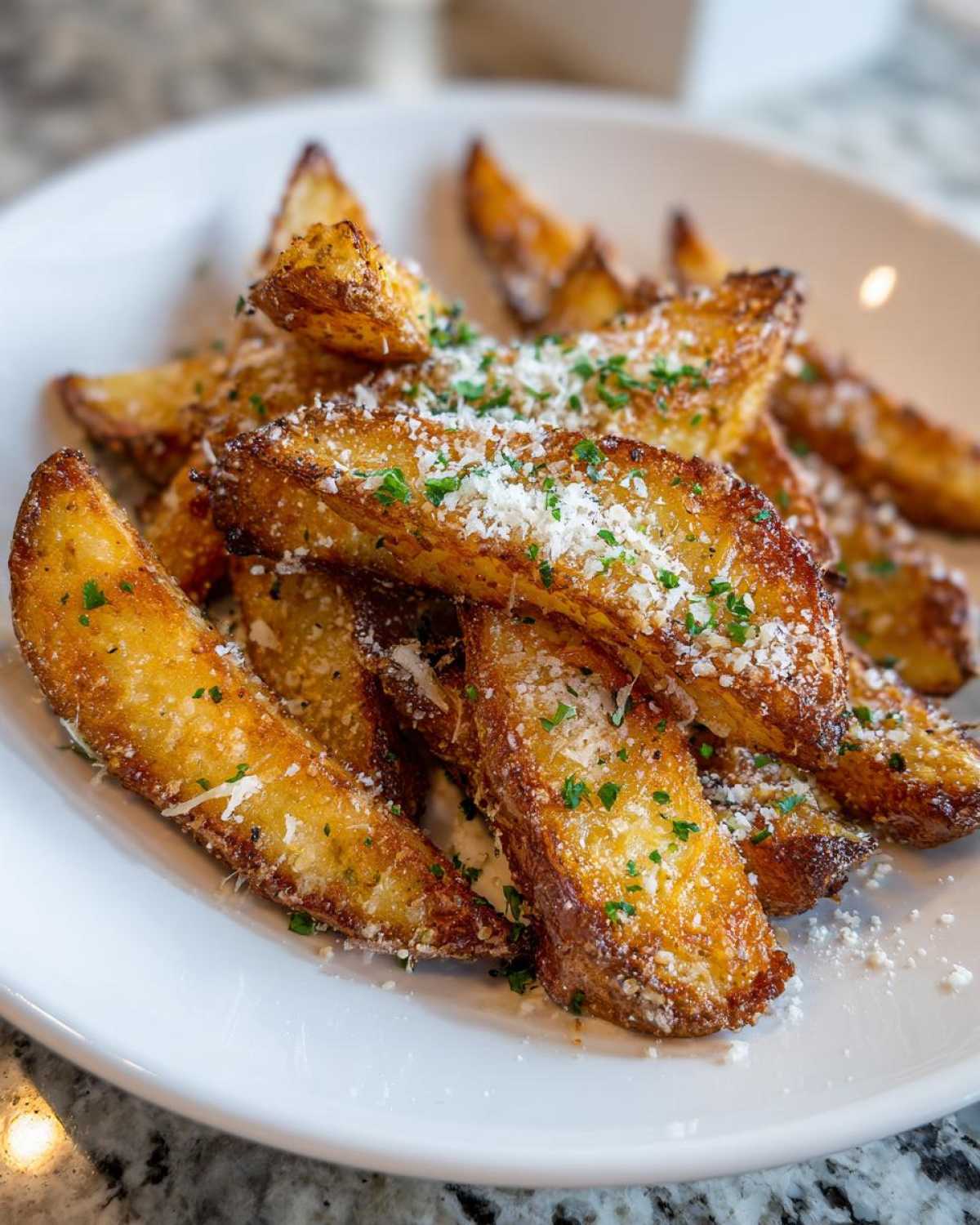 Close-up of golden brown Crispy Baked Garlic Parmesan Potato Wedges topped with grated cheese and parsley.