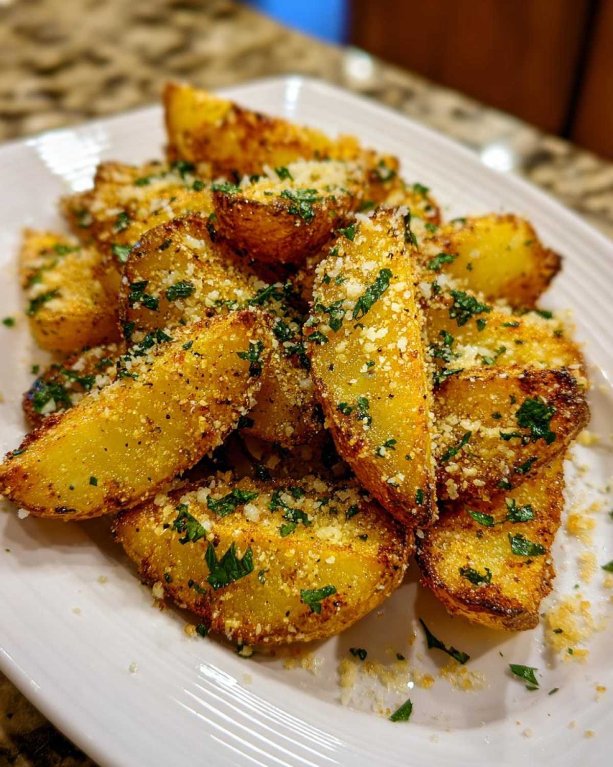 A pile of golden brown Crispy Baked Garlic Parmesan Potato Wedges topped with grated cheese and fresh parsley.