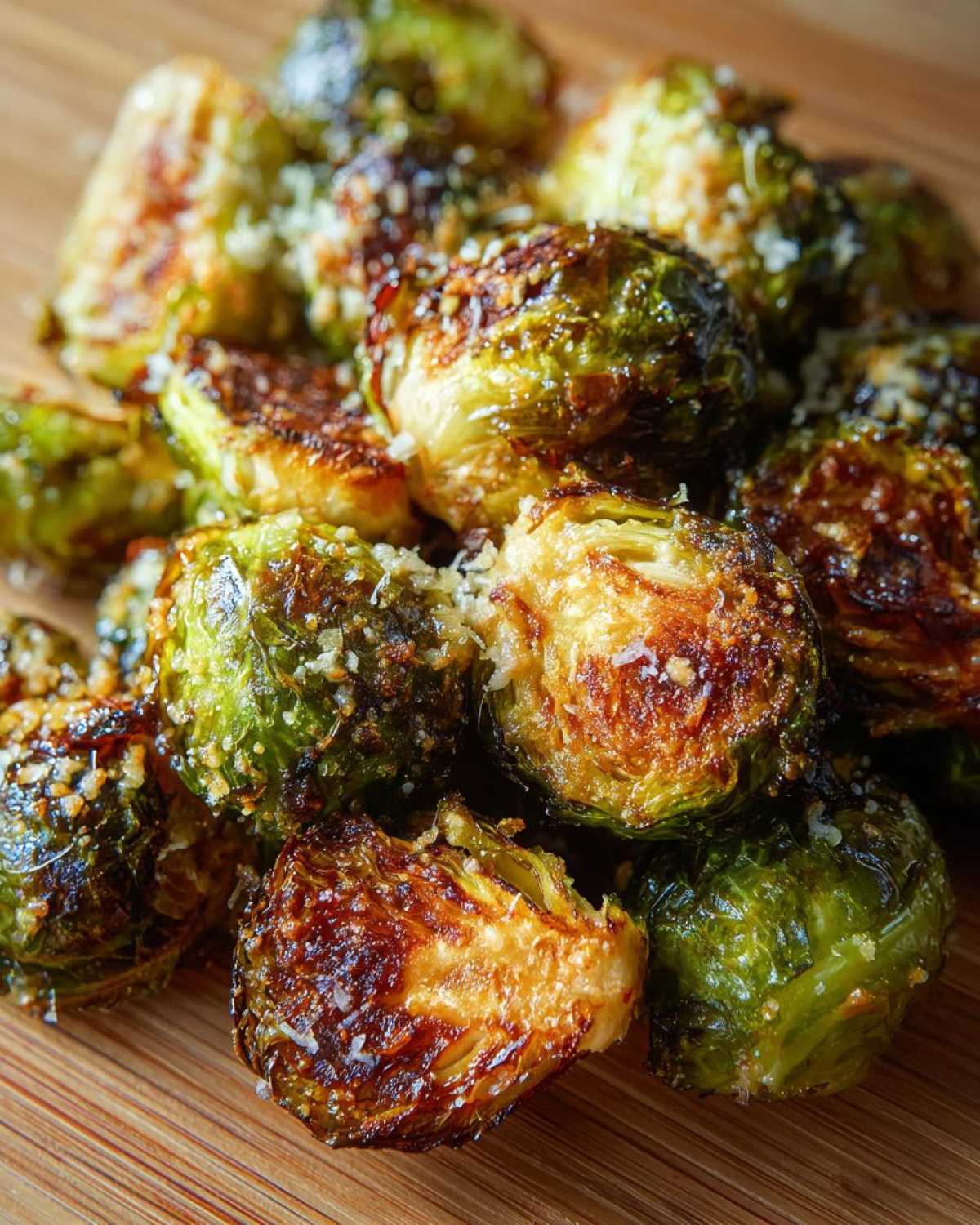 Close-up of perfectly roasted Crispy Parmesan Brussels Sprouts sprinkled with grated cheese on a wooden surface.