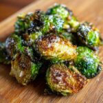 A close-up pile of perfectly roasted Crispy Parmesan Brussels Sprouts sprinkled with grated cheese on a wooden board.