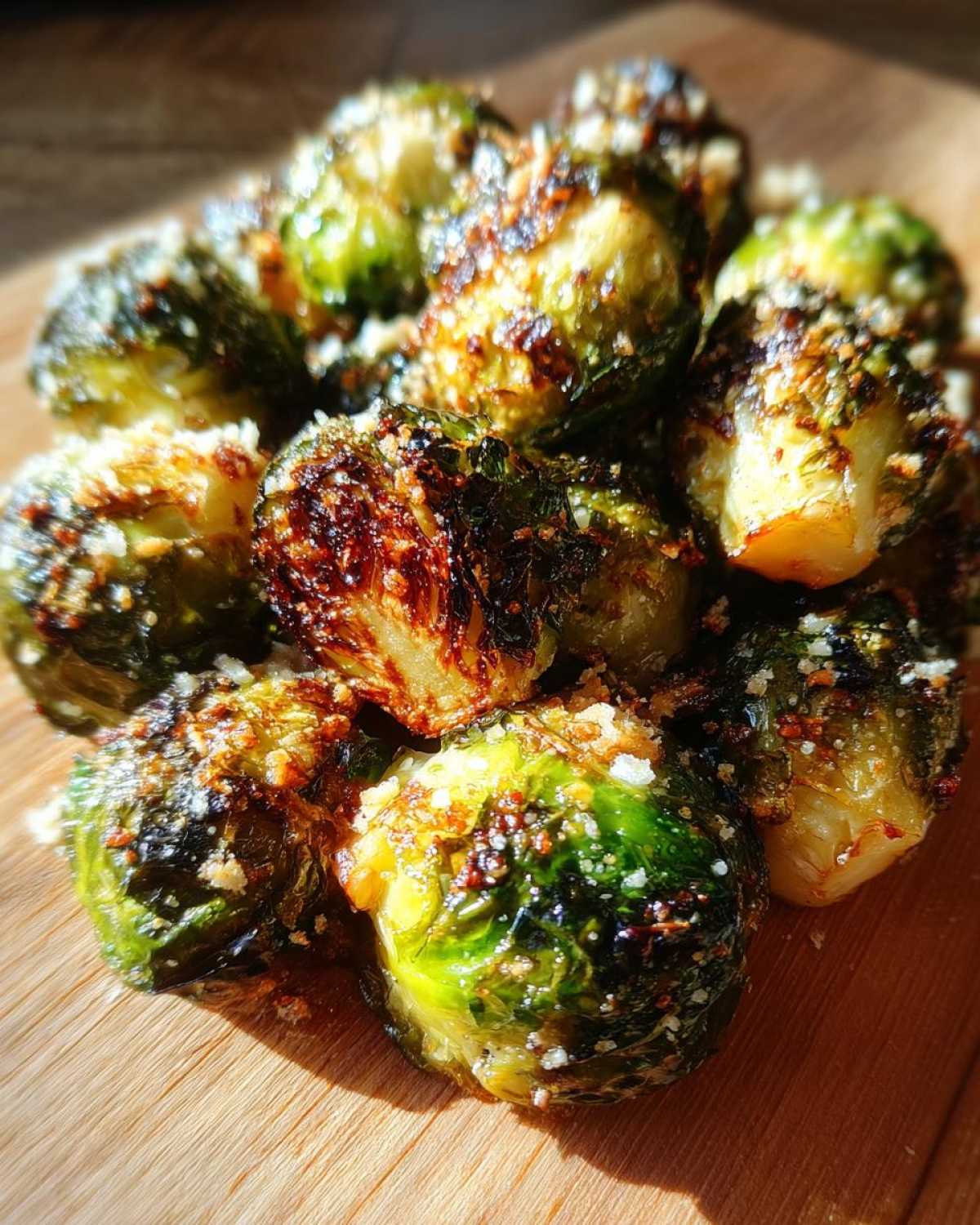 Close-up of roasted Crispy Parmesan Brussels Sprouts, showing caramelized edges and grated cheese.