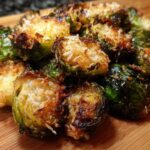 A close-up of roasted Crispy Parmesan Brussels Sprouts piled on a wooden cutting board, showing browned edges.