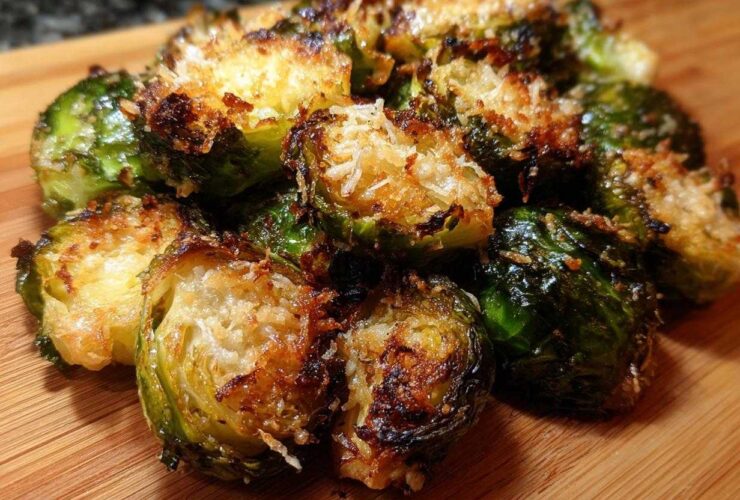 A close-up of roasted Crispy Parmesan Brussels Sprouts piled on a wooden cutting board, showing browned edges.