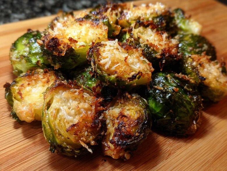 A close-up of roasted Crispy Parmesan Brussels Sprouts piled on a wooden cutting board, showing browned edges.