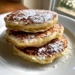A stack of three fluffy Gluten-Free Buttermilk Pancakes dusted generously with powdered sugar on a white plate.
