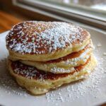 A stack of three fluffy Gluten-Free Buttermilk Pancakes dusted heavily with powdered sugar on a white plate.