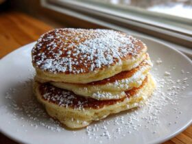 A stack of three fluffy Gluten-Free Buttermilk Pancakes dusted heavily with powdered sugar on a white plate.