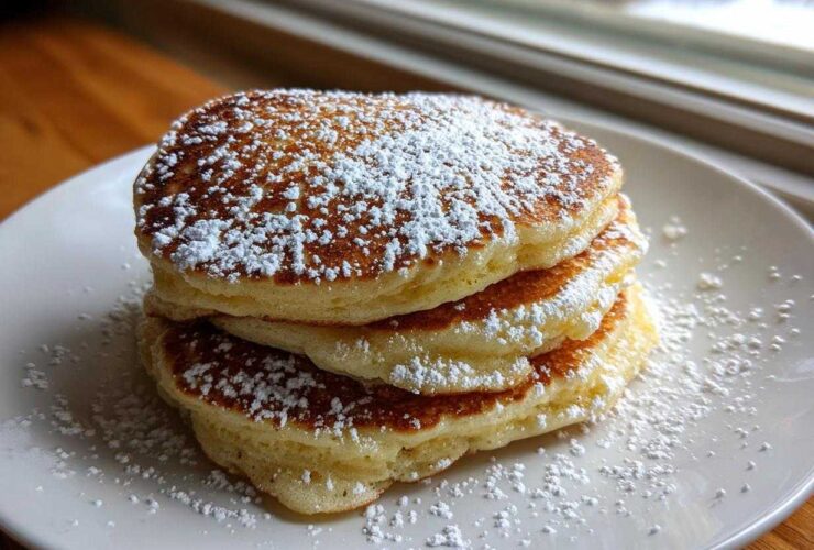 A stack of three fluffy Gluten-Free Buttermilk Pancakes dusted heavily with powdered sugar on a white plate.