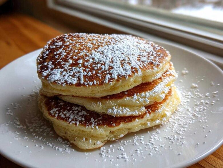 A stack of three fluffy Gluten-Free Buttermilk Pancakes dusted heavily with powdered sugar on a white plate.