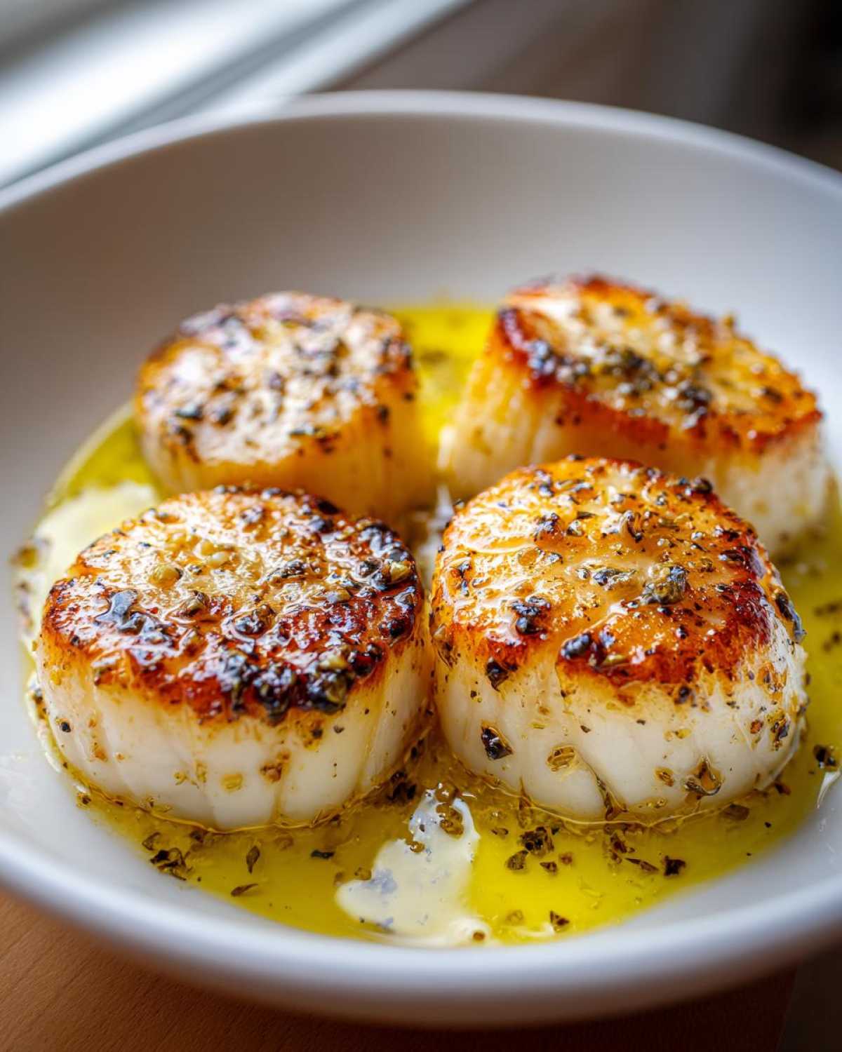 Four perfectly seared Garlic Butter Scallops with Lemon resting in a pool of melted butter and herbs.