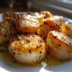 Close-up of seared Garlic Butter Scallops with Lemon, glistening in butter sauce and topped with herbs.