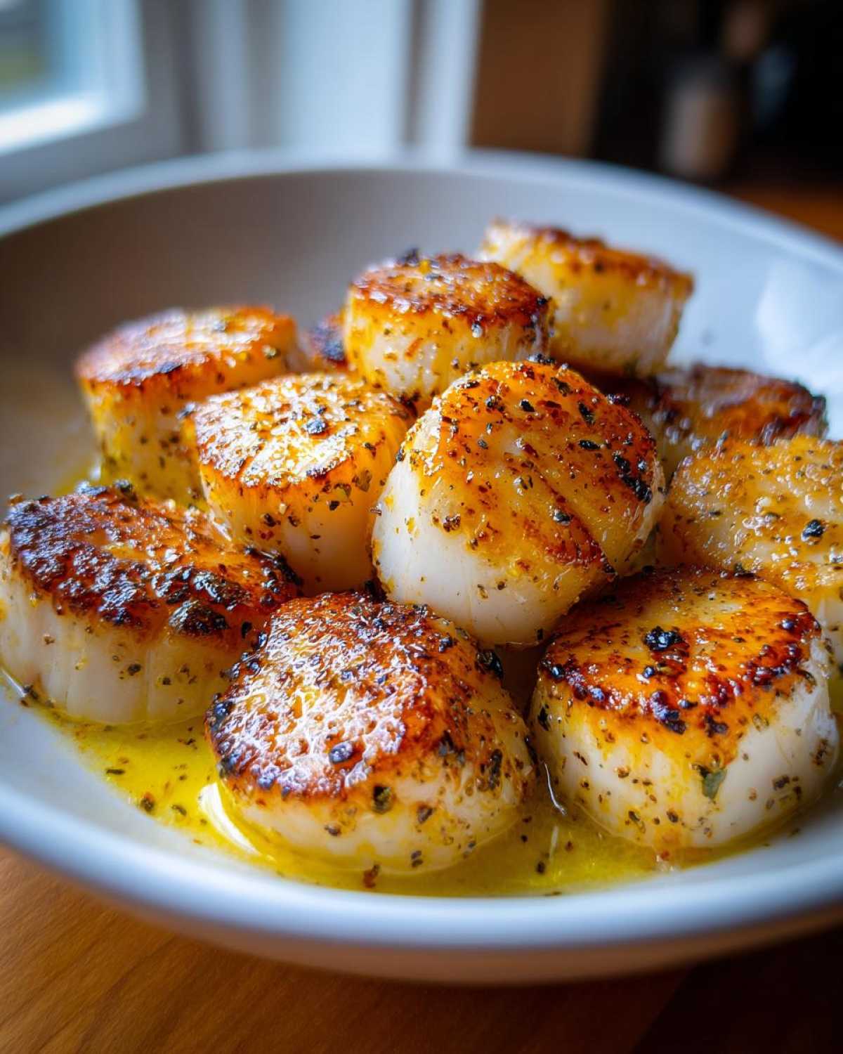 A close-up of perfectly seared Garlic Butter Scallops with Lemon in a white bowl, glistening with butter.