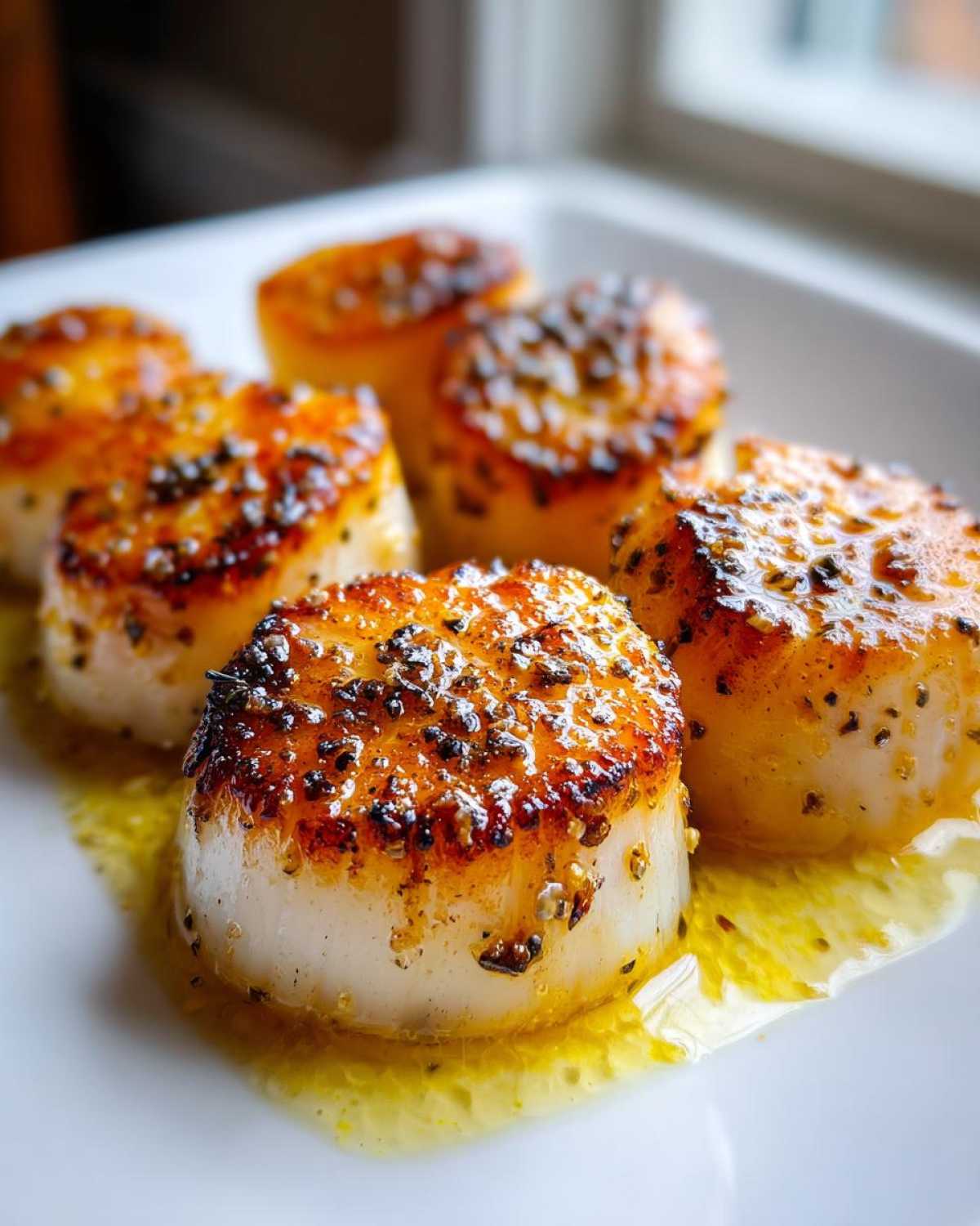 Close-up of perfectly seared Garlic Butter Scallops with Lemon sauce pooling on a white plate.
