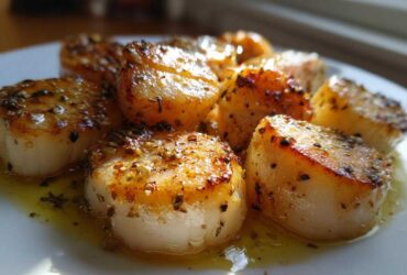 Close-up of seared Garlic Butter Scallops with Lemon, glistening in butter sauce and topped with herbs.