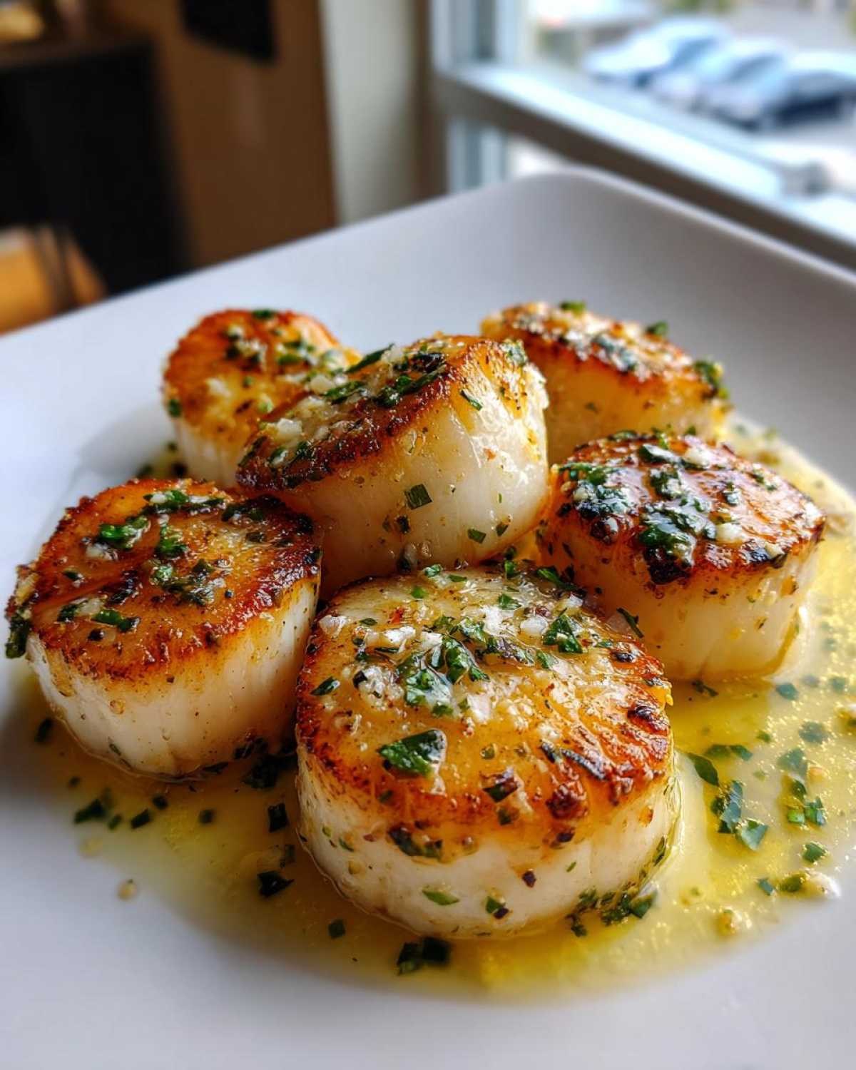 Close-up of five perfectly seared Garlic Butter Scallops with Lemon, glistening in butter sauce and topped with parsley.