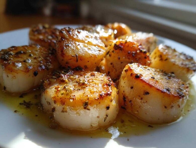 Close-up of seared Garlic Butter Scallops with Lemon, glistening in butter sauce and topped with herbs.