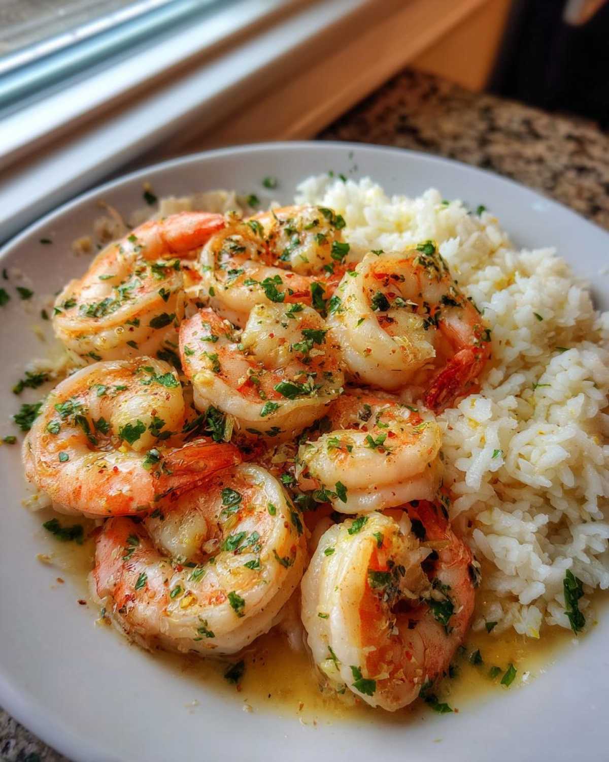Close-up of juicy Garlic Butter Shrimp and Rice Skillet served on a white plate with parsley garnish.