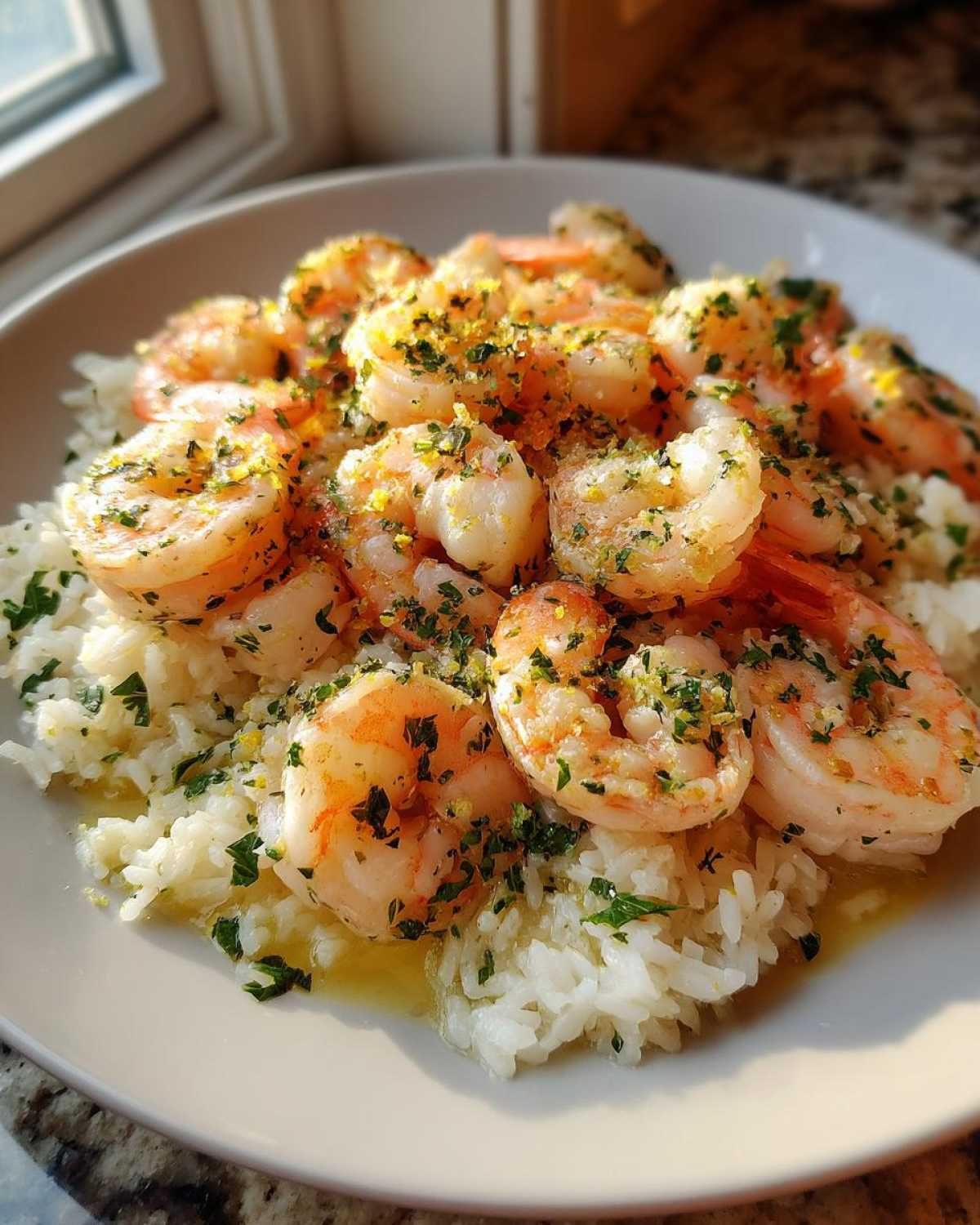 Plated Garlic Butter Shrimp and Rice Skillet, topped with fresh parsley and lemon zest.