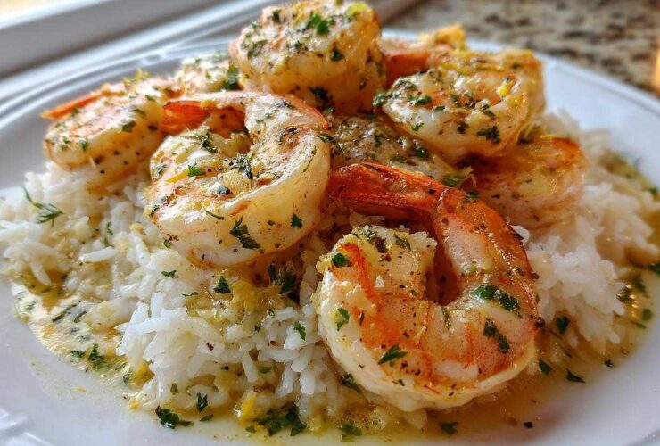 Close-up of Garlic Butter Shrimp and Rice Skillet featuring plump shrimp over white rice with garlic butter sauce and parsley.