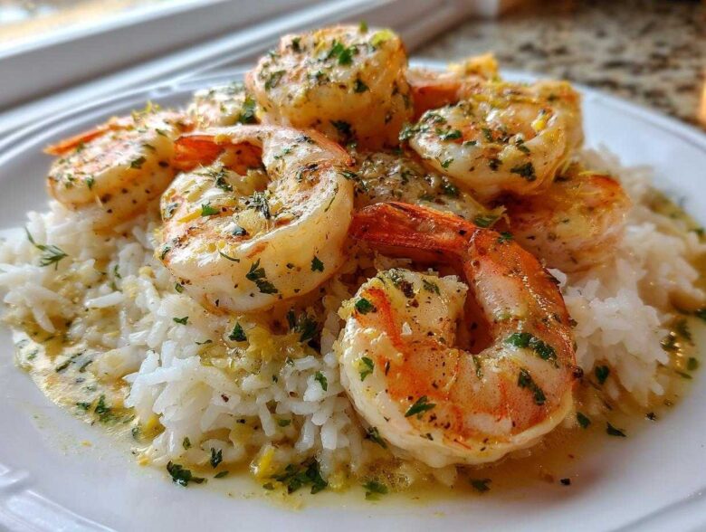 Close-up of Garlic Butter Shrimp and Rice Skillet featuring plump shrimp over white rice with garlic butter sauce and parsley.