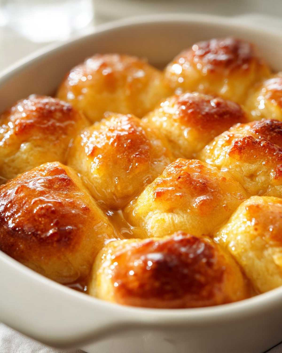 Close-up of golden brown Garlic Parmesan Pull-Apart Bread rolls soaking in buttery sauce in a white dish.