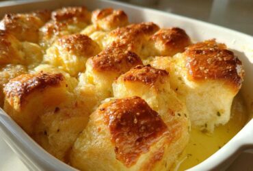 Close-up of freshly baked Garlic Parmesan Pull-Apart Bread glistening with butter in a white ceramic dish.